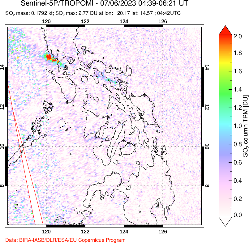 A sulfur dioxide image over Philippines on Jul 06, 2023.