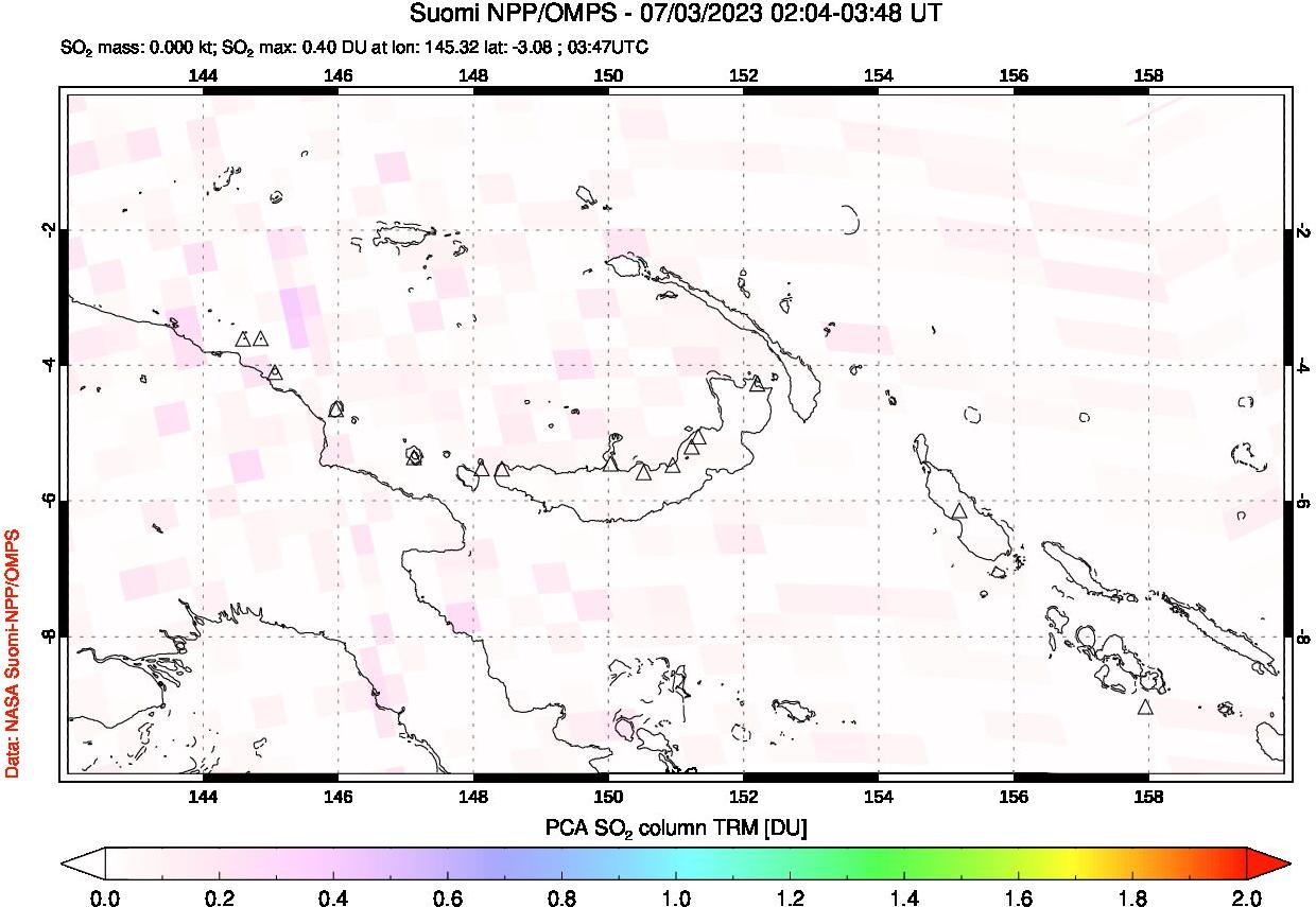 A sulfur dioxide image over Papua, New Guinea on Jul 03, 2023.