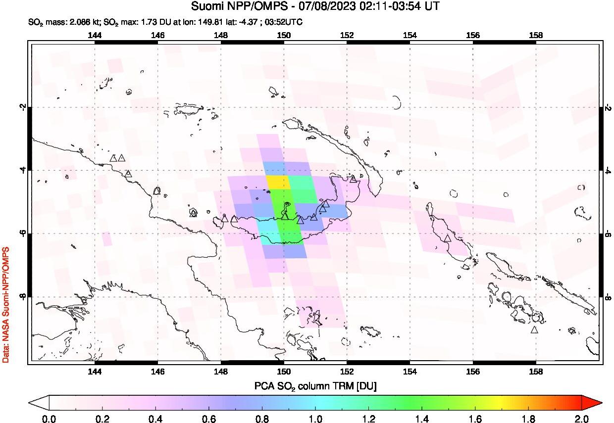 A sulfur dioxide image over Papua, New Guinea on Jul 08, 2023.