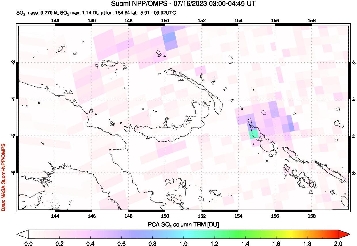 A sulfur dioxide image over Papua, New Guinea on Jul 16, 2023.