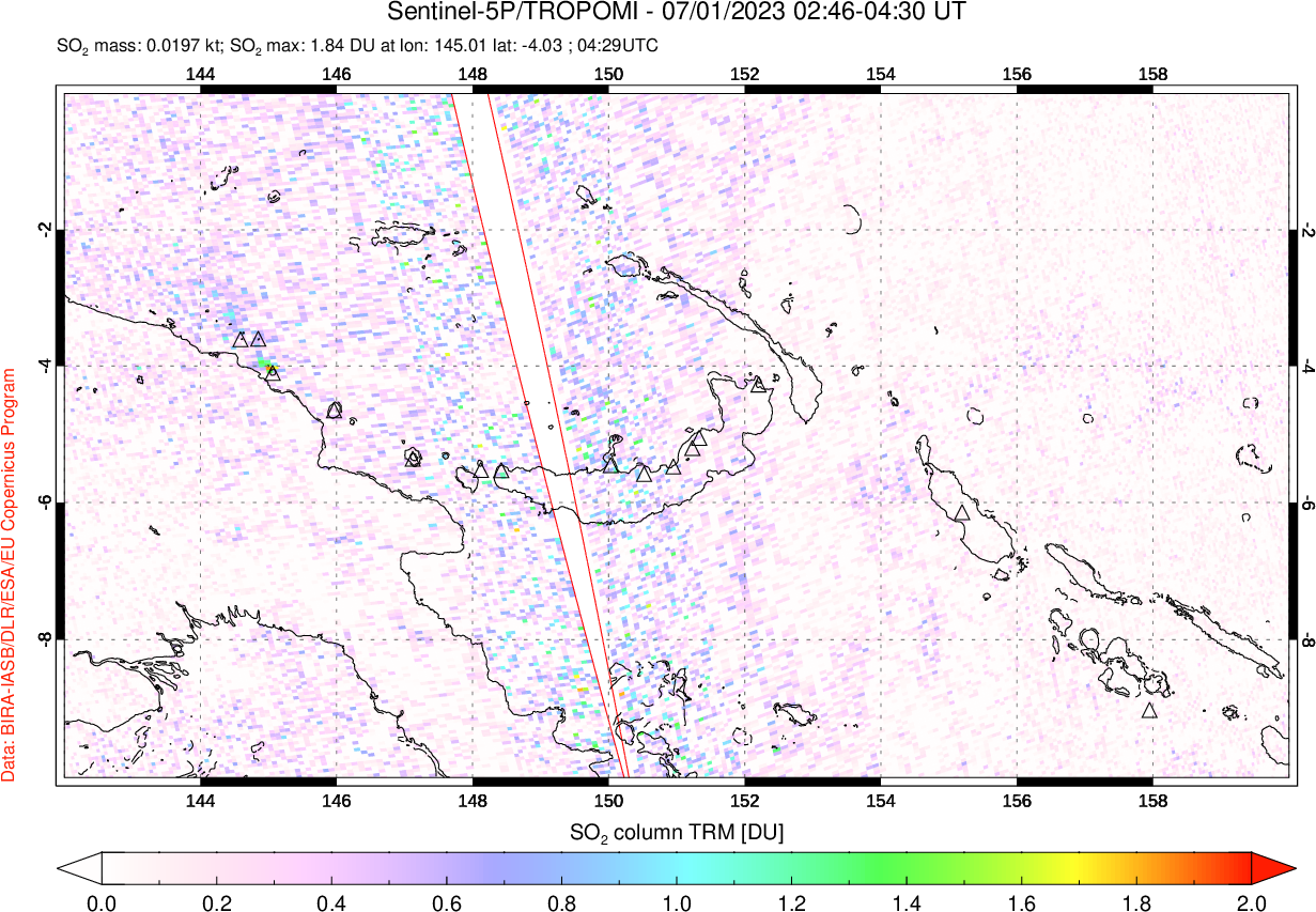 A sulfur dioxide image over Papua, New Guinea on Jul 01, 2023.