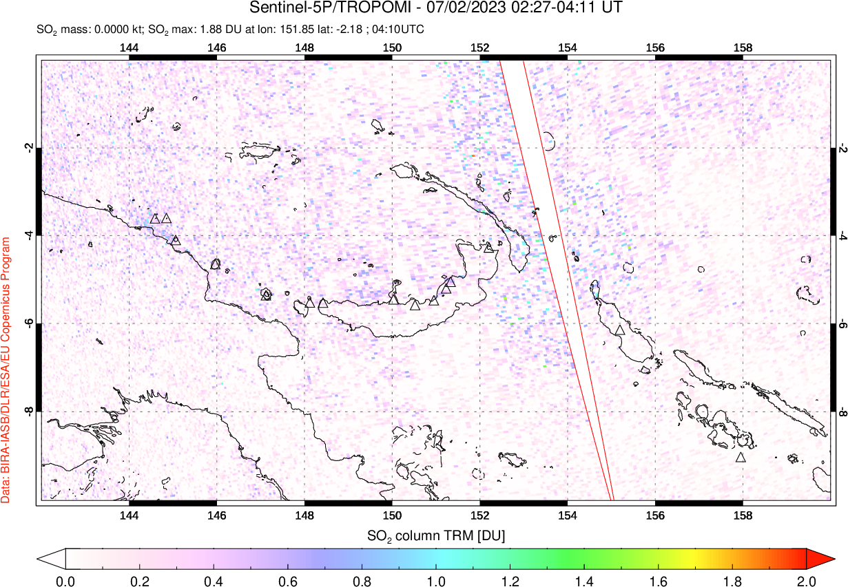 A sulfur dioxide image over Papua, New Guinea on Jul 02, 2023.