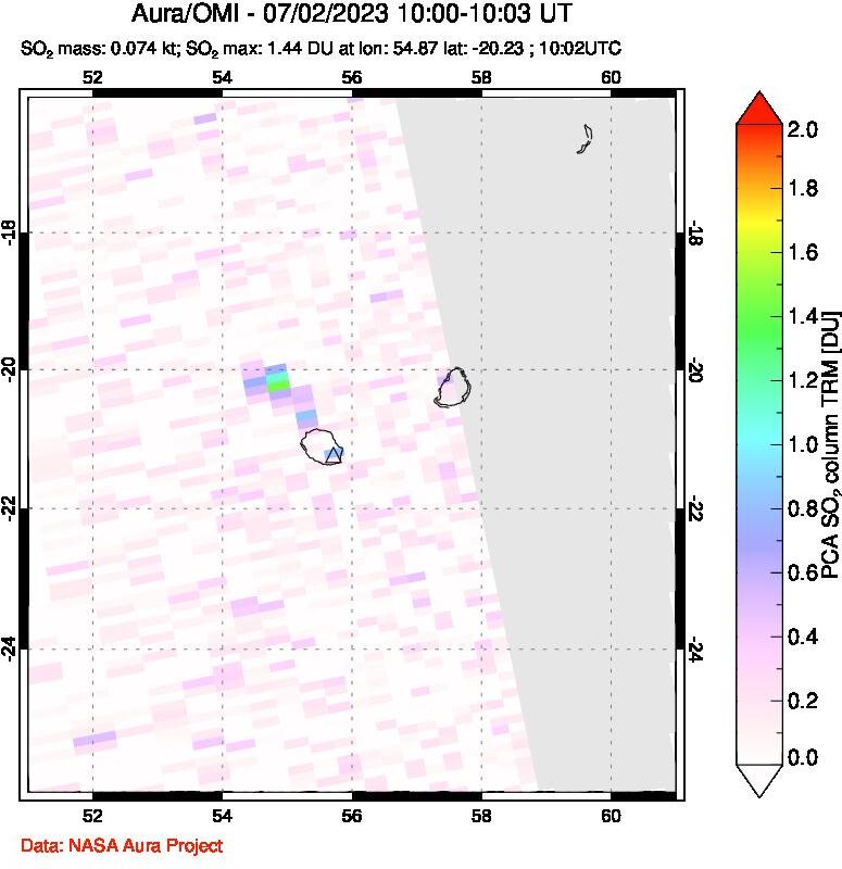 A sulfur dioxide image over Reunion Island, Indian Ocean on Jul 02, 2023.