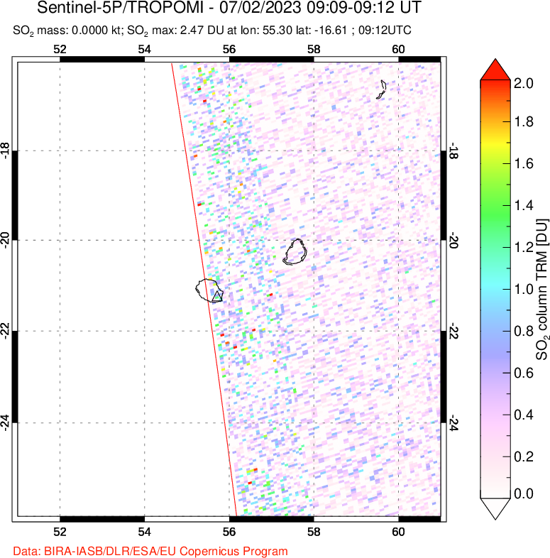 A sulfur dioxide image over Iceland on Jul 02, 2023.