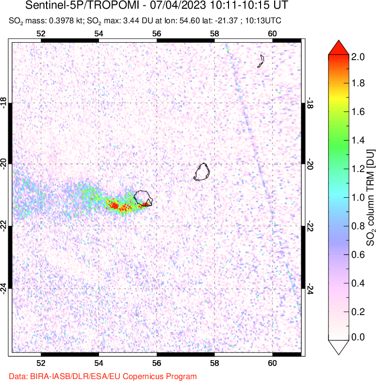 A sulfur dioxide image over Reunion Island, Indian Ocean on Jul 04, 2023.