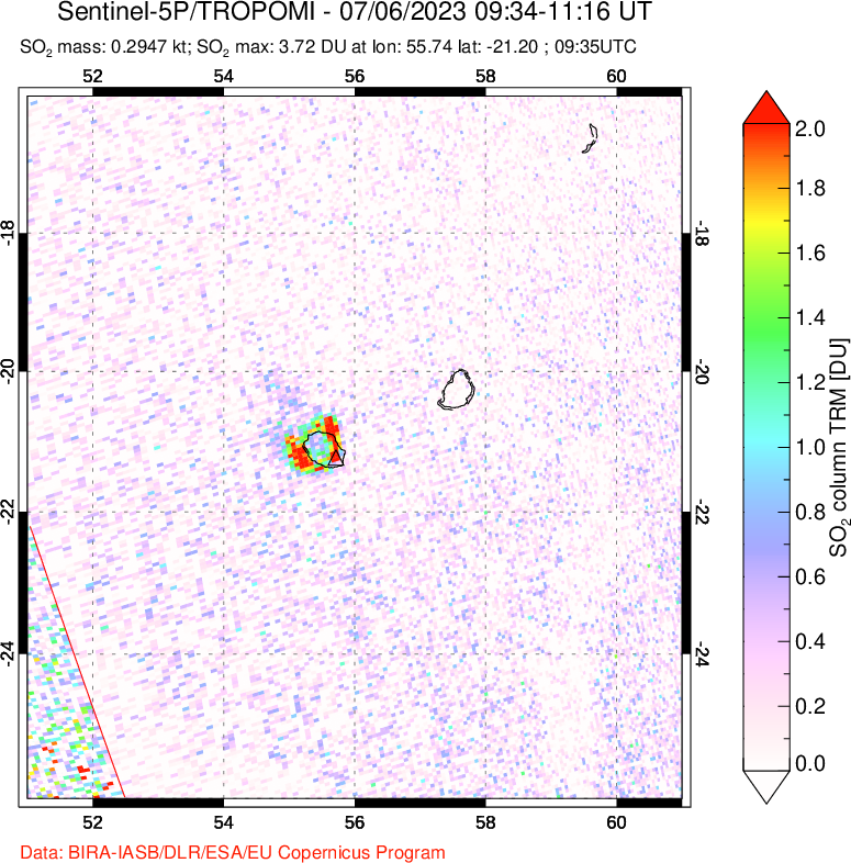 A sulfur dioxide image over Iceland on Jul 06, 2023.