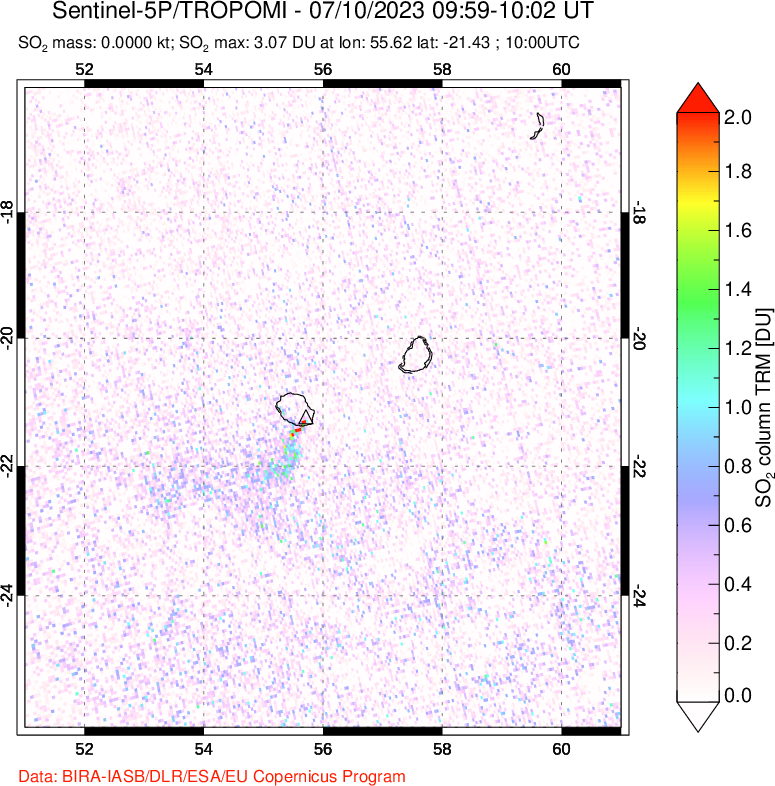 A sulfur dioxide image over Reunion Island, Indian Ocean on Jul 10, 2023.