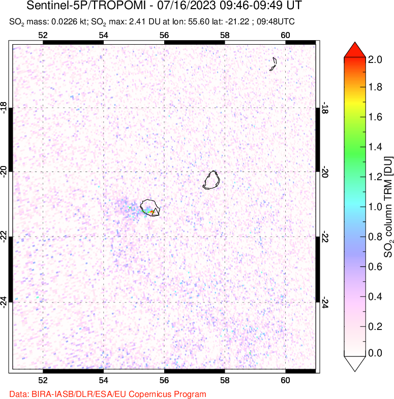 A sulfur dioxide image over Reunion Island, Indian Ocean on Jul 16, 2023.