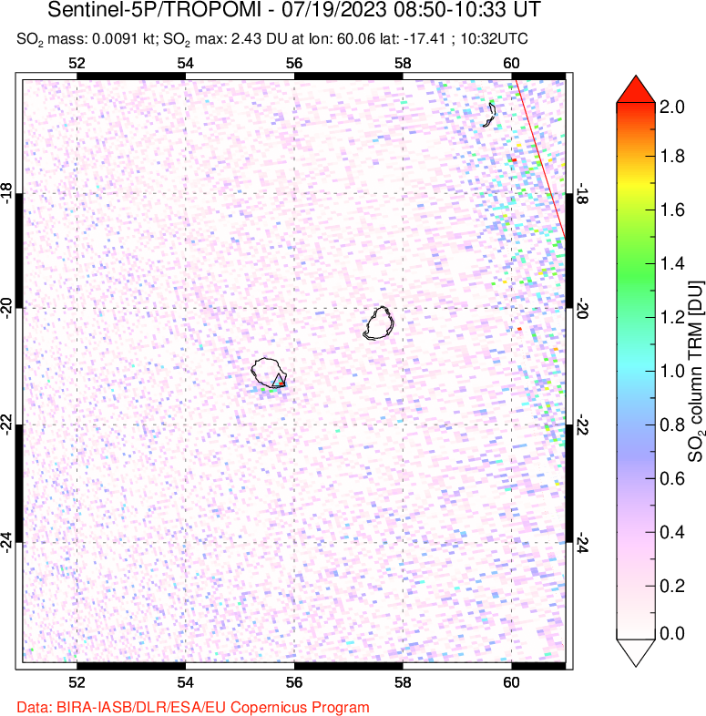 A sulfur dioxide image over Reunion Island, Indian Ocean on Jul 19, 2023.