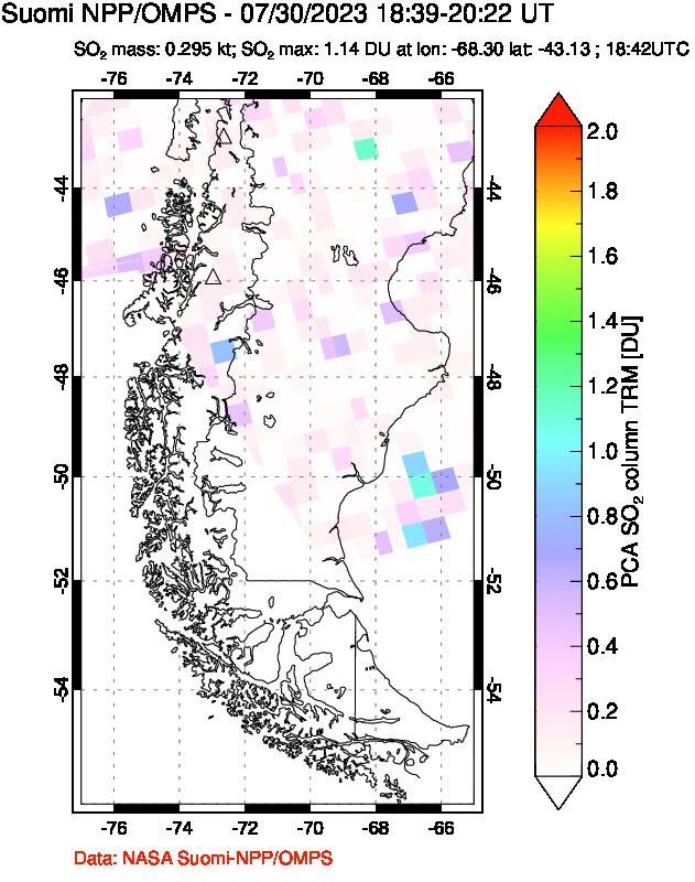 A sulfur dioxide image over Southern Chile on Jul 30, 2023.