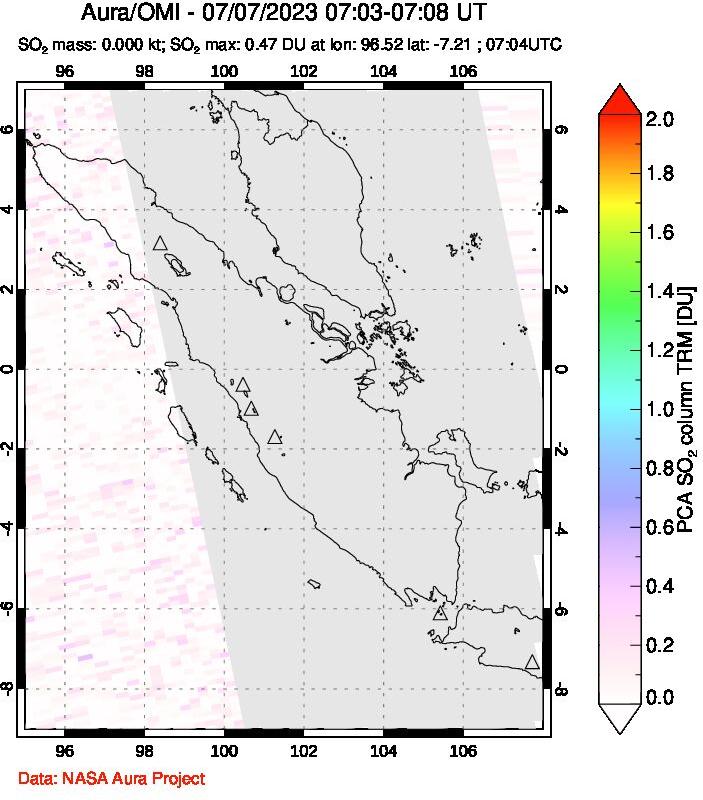 A sulfur dioxide image over Sumatra, Indonesia on Jul 07, 2023.
