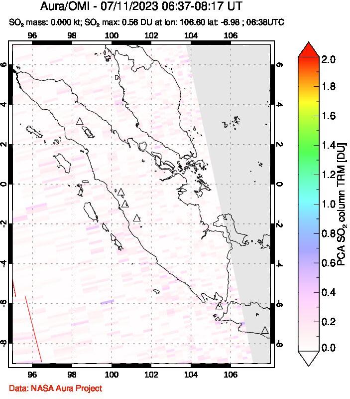 A sulfur dioxide image over Sumatra, Indonesia on Jul 11, 2023.