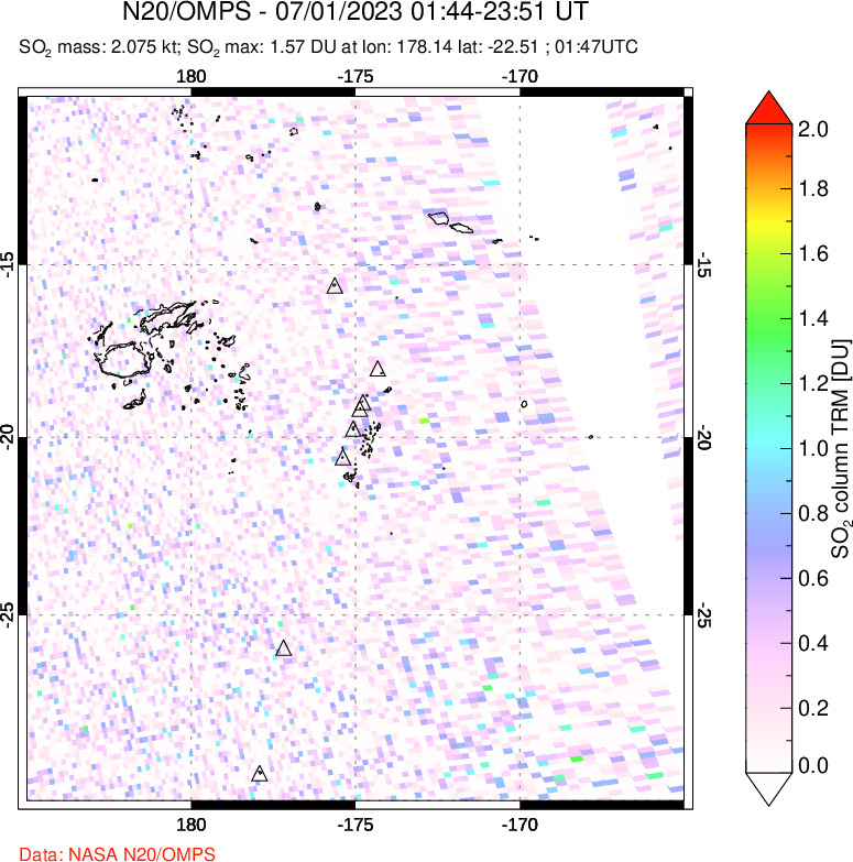 A sulfur dioxide image over Tonga, South Pacific on Jul 01, 2023.