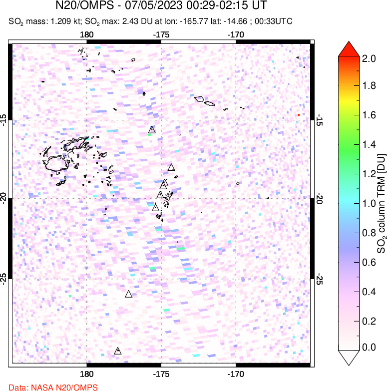 A sulfur dioxide image over Tonga, South Pacific on Jul 05, 2023.