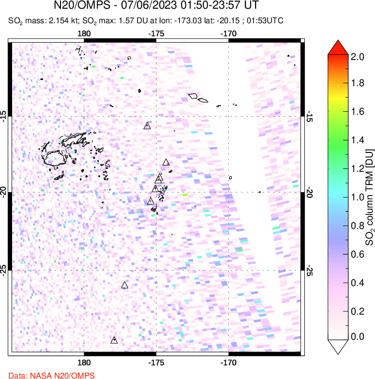 A sulfur dioxide image over Tonga, South Pacific on Jul 06, 2023.