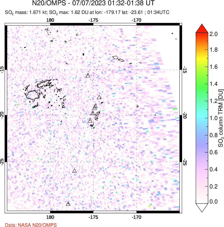 A sulfur dioxide image over Tonga, South Pacific on Jul 07, 2023.