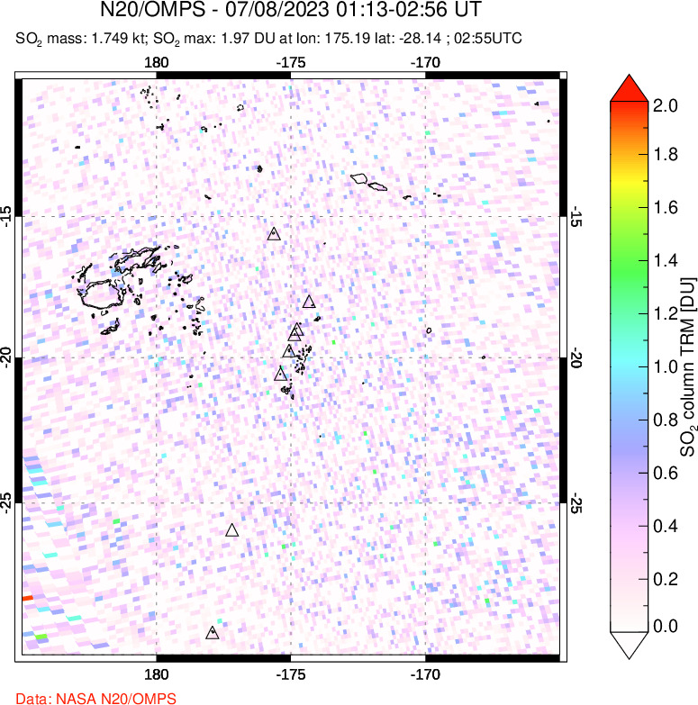 A sulfur dioxide image over Tonga, South Pacific on Jul 08, 2023.