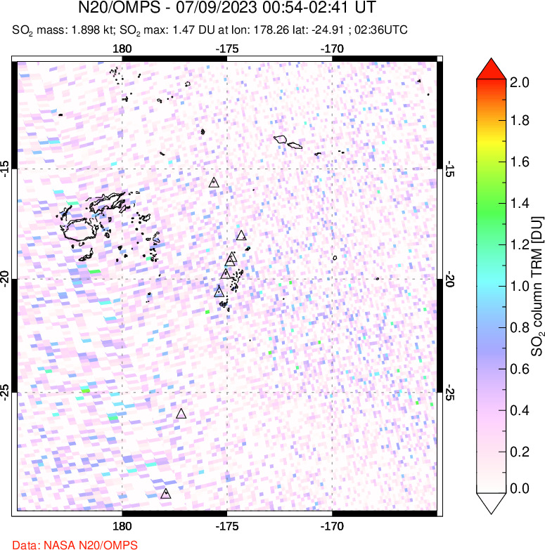 A sulfur dioxide image over Tonga, South Pacific on Jul 09, 2023.