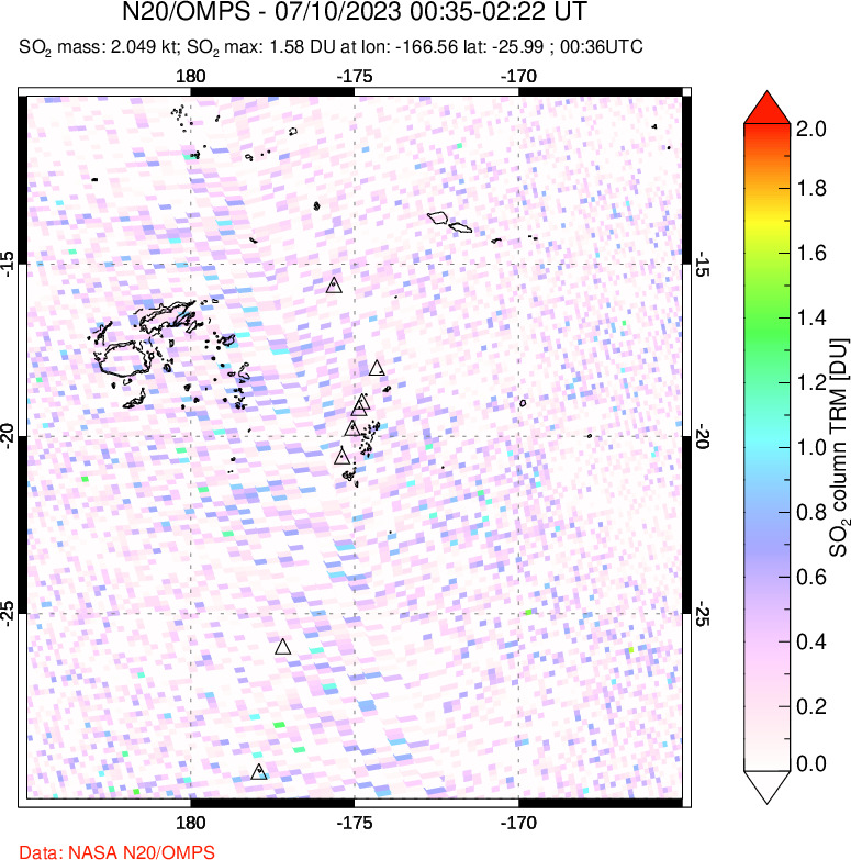 A sulfur dioxide image over Tonga, South Pacific on Jul 10, 2023.