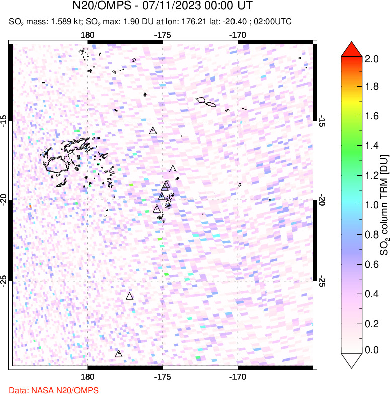 A sulfur dioxide image over Tonga, South Pacific on Jul 11, 2023.