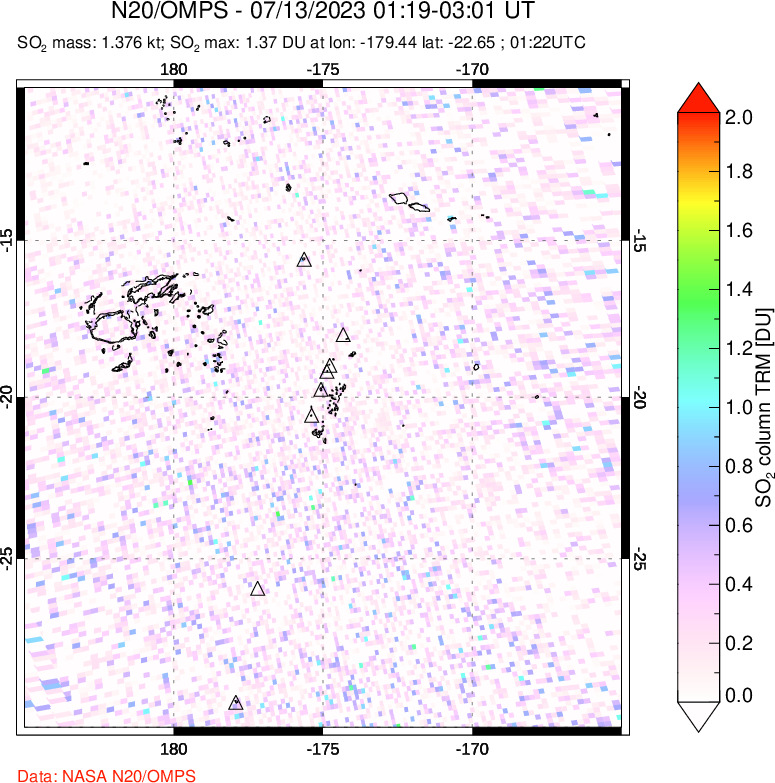 A sulfur dioxide image over Tonga, South Pacific on Jul 13, 2023.