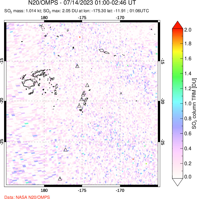 A sulfur dioxide image over Tonga, South Pacific on Jul 14, 2023.