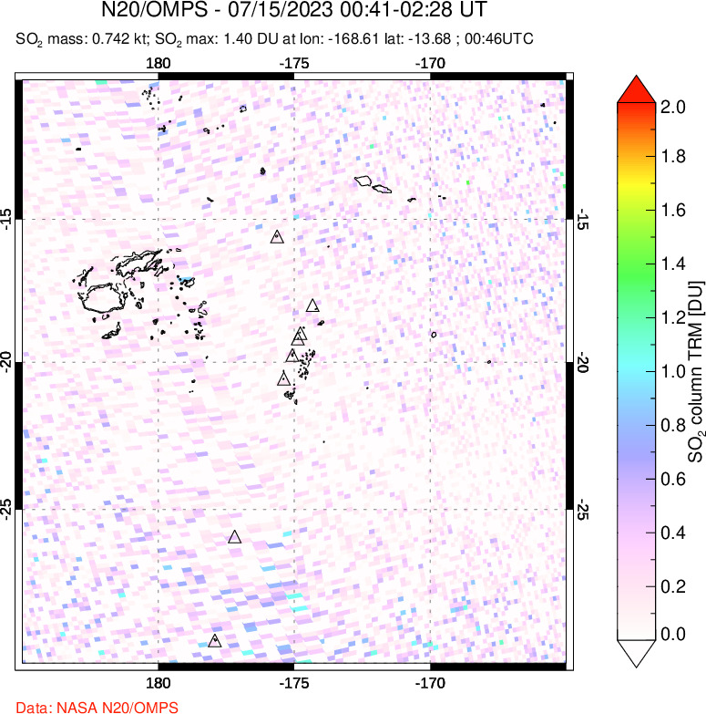 A sulfur dioxide image over Tonga, South Pacific on Jul 15, 2023.