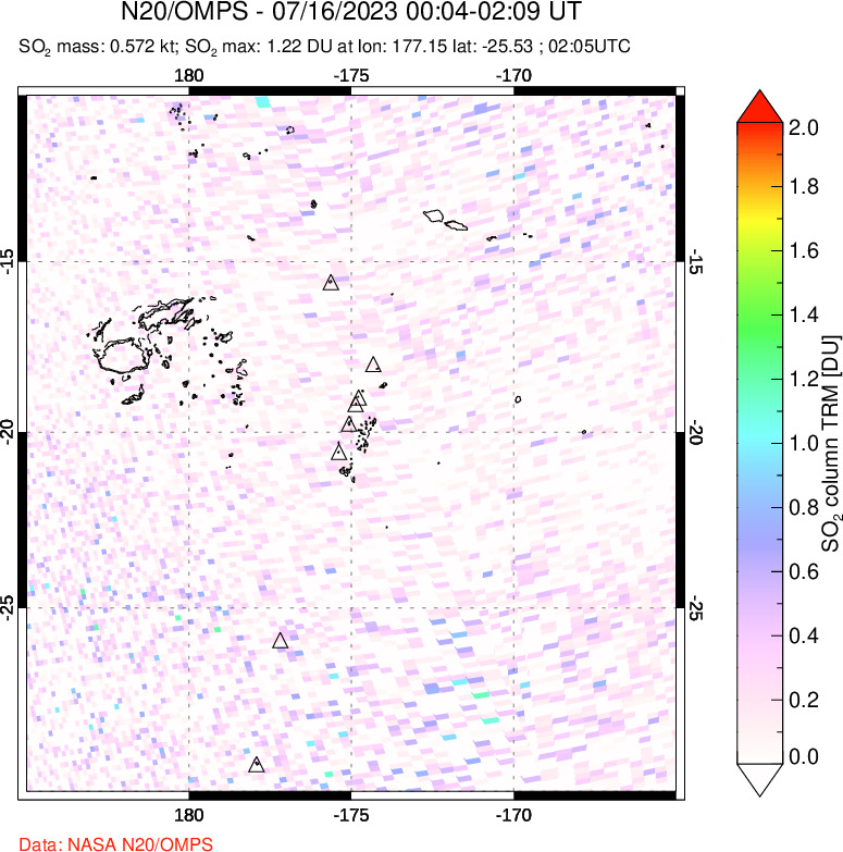 A sulfur dioxide image over Tonga, South Pacific on Jul 16, 2023.