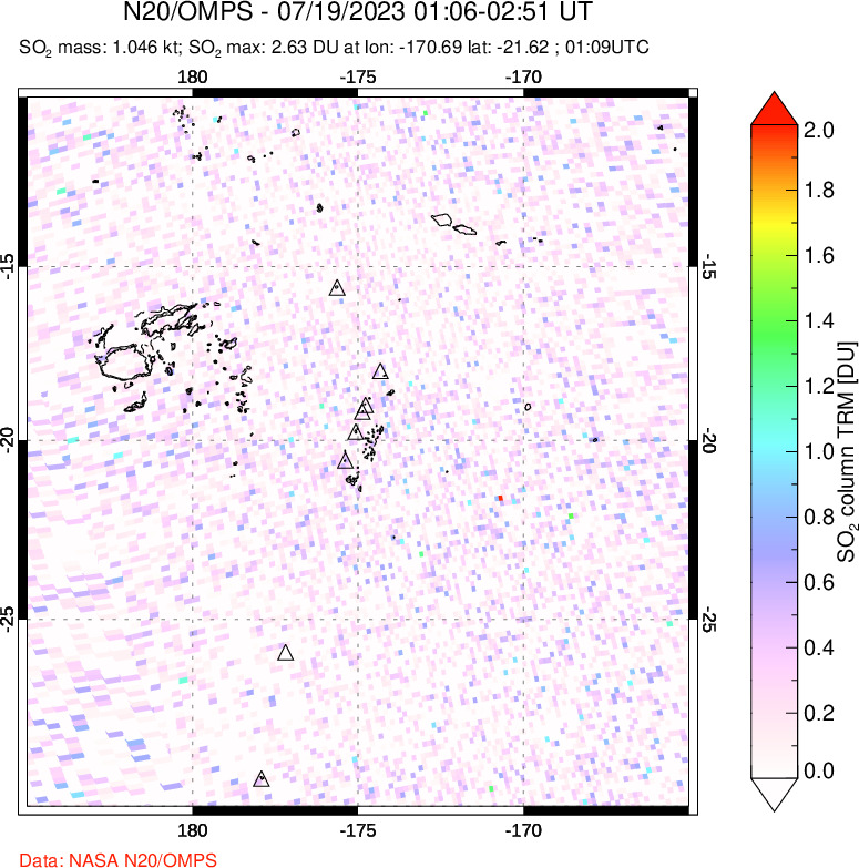 A sulfur dioxide image over Tonga, South Pacific on Jul 19, 2023.