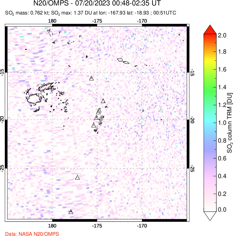 A sulfur dioxide image over Tonga, South Pacific on Jul 20, 2023.