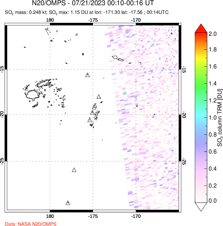 A sulfur dioxide image over Tonga, South Pacific on Jul 21, 2023.