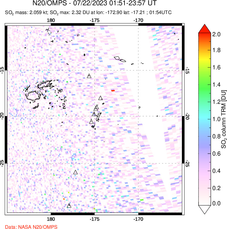 A sulfur dioxide image over Tonga, South Pacific on Jul 22, 2023.