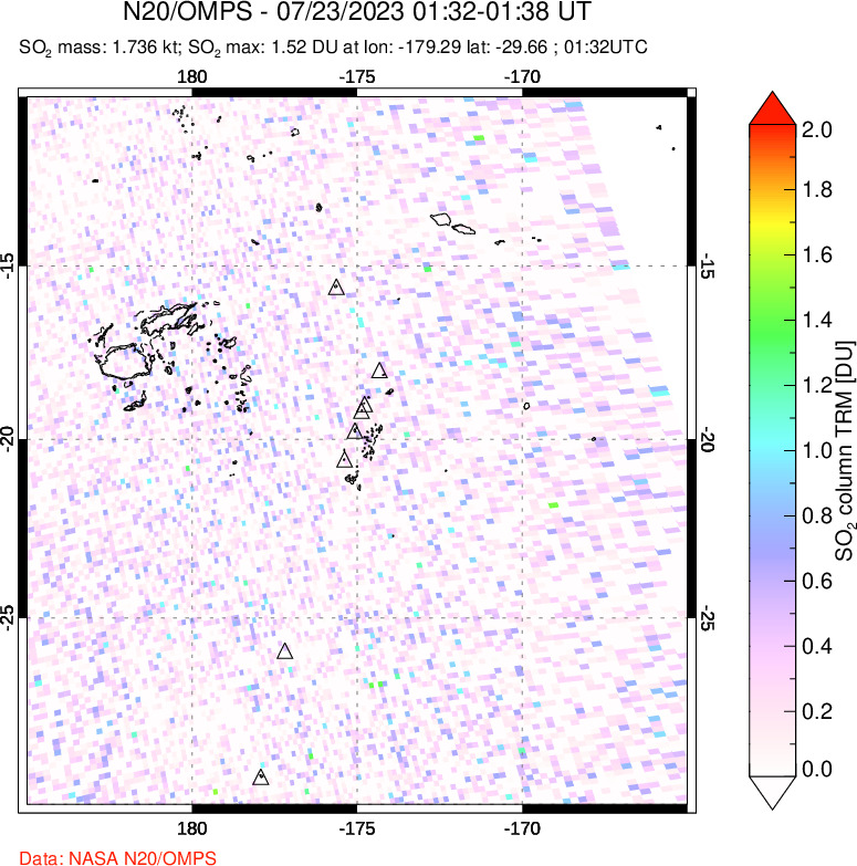 A sulfur dioxide image over Tonga, South Pacific on Jul 23, 2023.