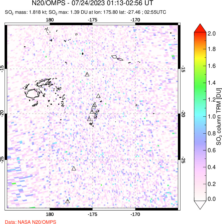 A sulfur dioxide image over Tonga, South Pacific on Jul 24, 2023.