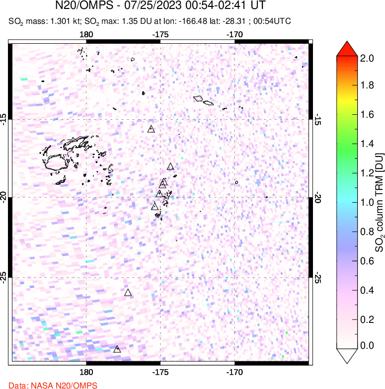 A sulfur dioxide image over Tonga, South Pacific on Jul 25, 2023.