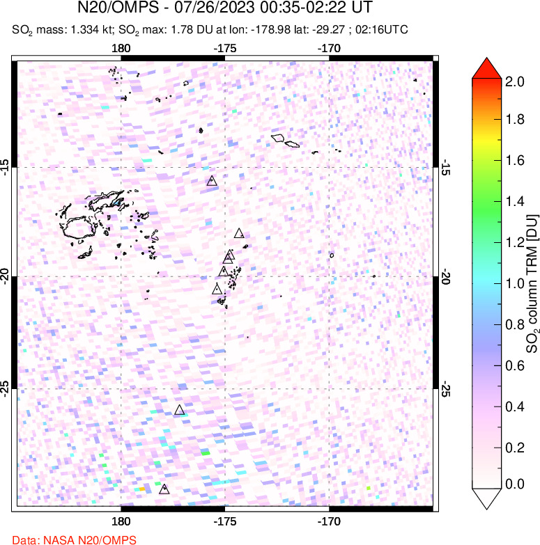 A sulfur dioxide image over Tonga, South Pacific on Jul 26, 2023.