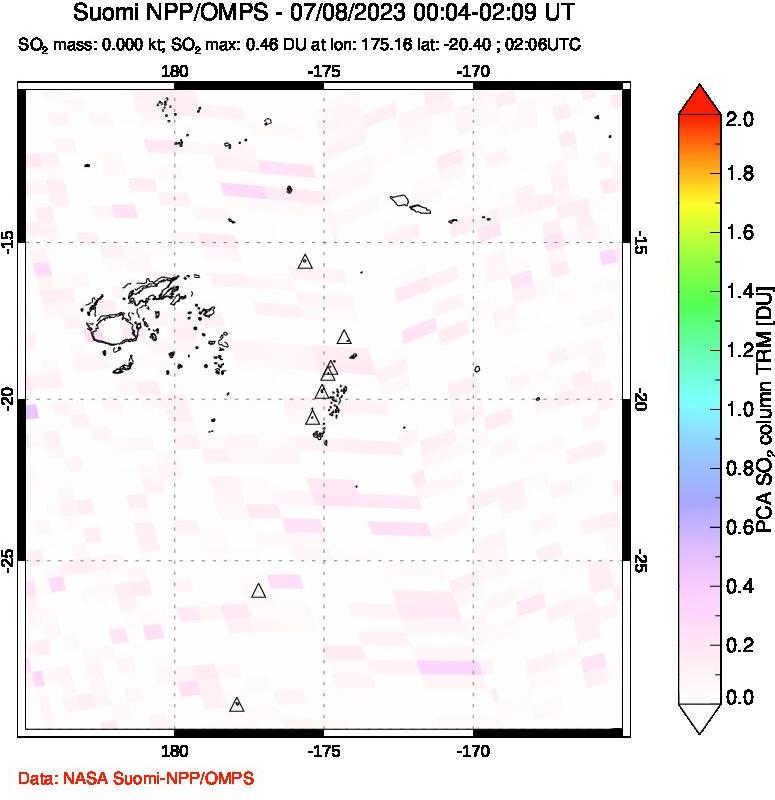 A sulfur dioxide image over Tonga, South Pacific on Jul 08, 2023.