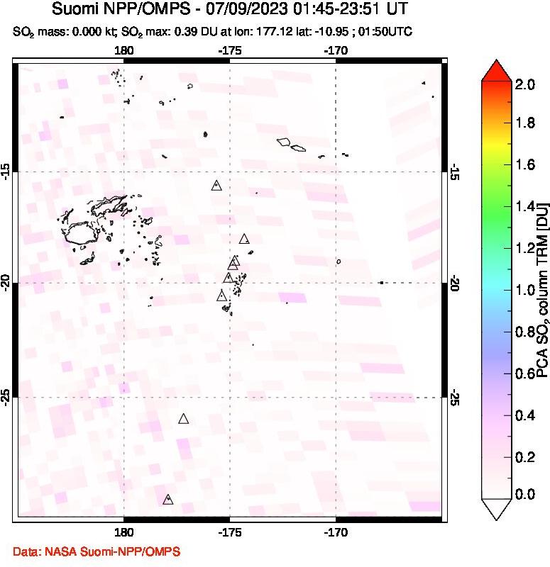 A sulfur dioxide image over Tonga, South Pacific on Jul 09, 2023.