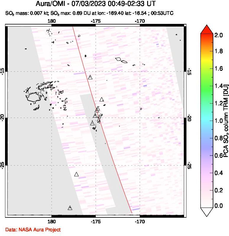 A sulfur dioxide image over Tonga, South Pacific on Jul 03, 2023.