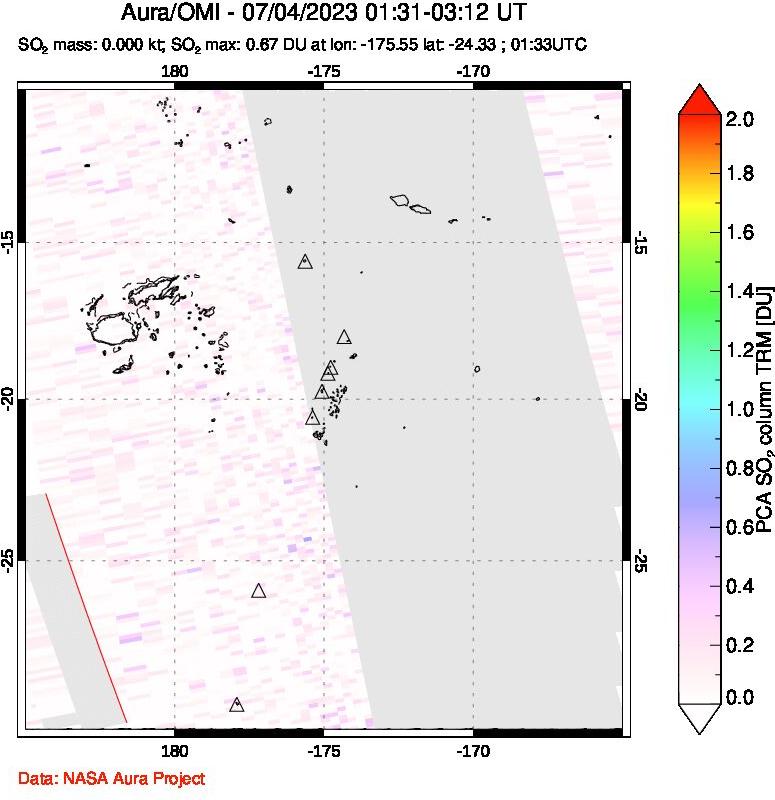 A sulfur dioxide image over Tonga, South Pacific on Jul 04, 2023.