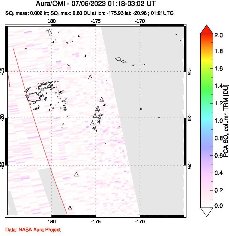 A sulfur dioxide image over Tonga, South Pacific on Jul 06, 2023.