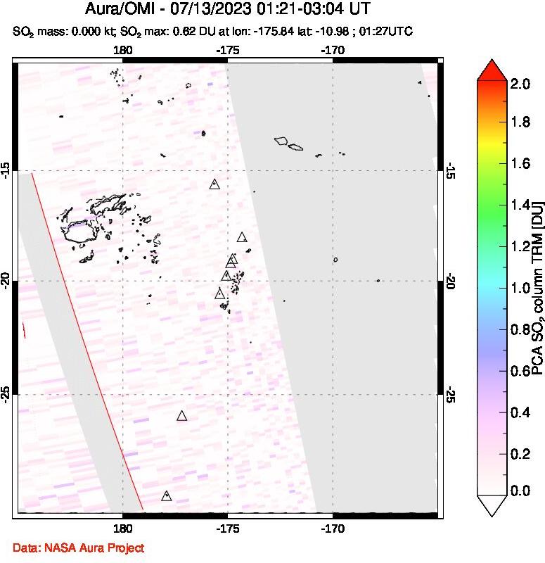 A sulfur dioxide image over Tonga, South Pacific on Jul 13, 2023.