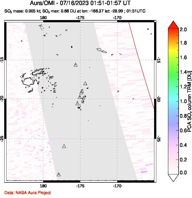 A sulfur dioxide image over Tonga, South Pacific on Jul 16, 2023.
