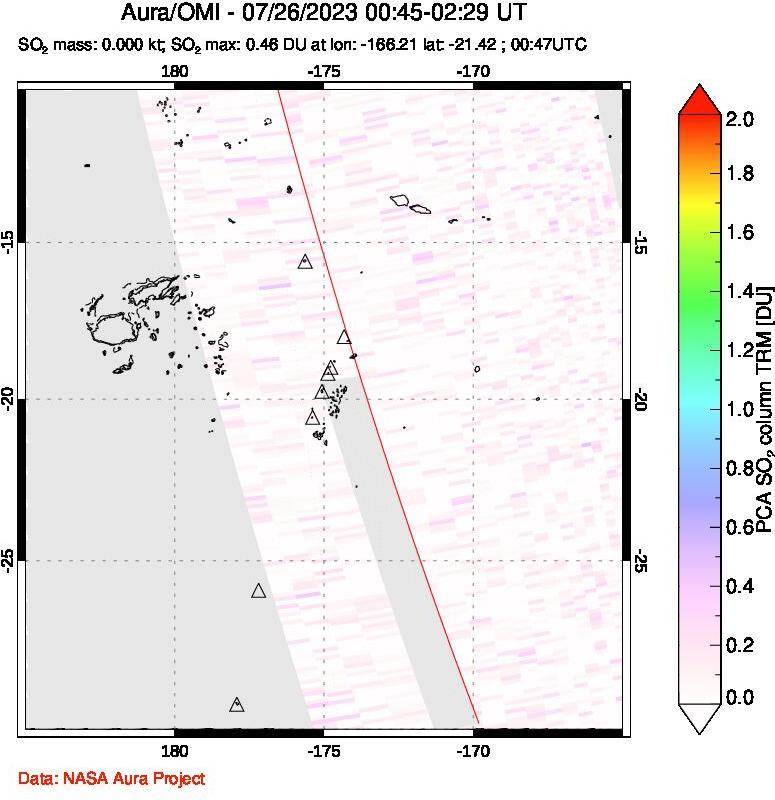 A sulfur dioxide image over Tonga, South Pacific on Jul 26, 2023.