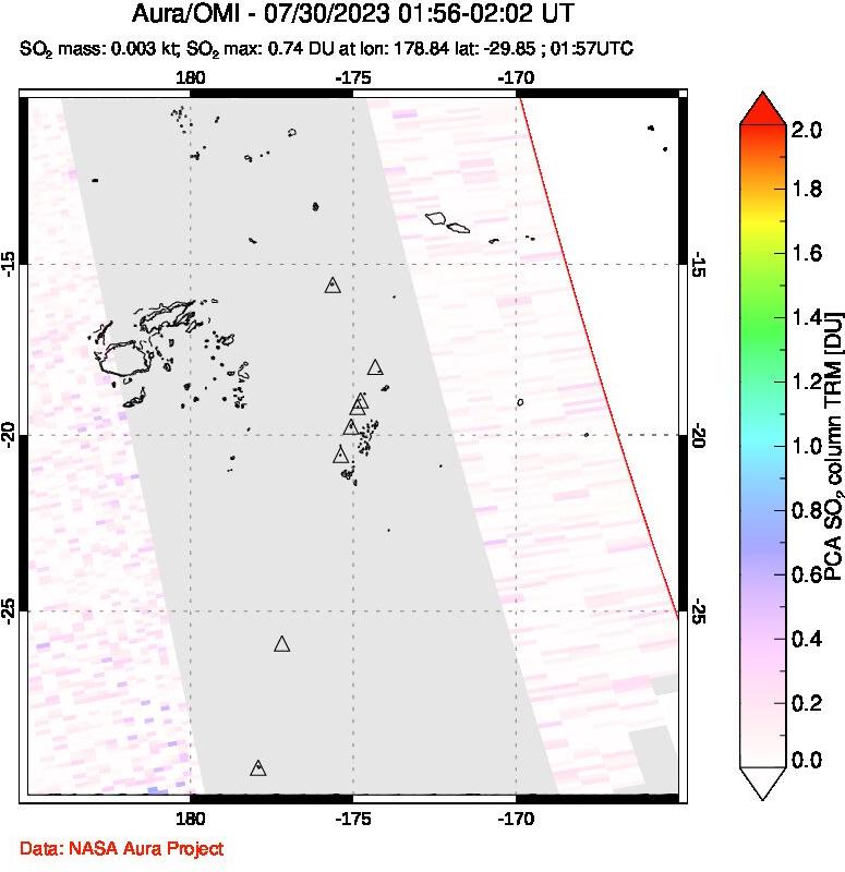 A sulfur dioxide image over Tonga, South Pacific on Jul 30, 2023.