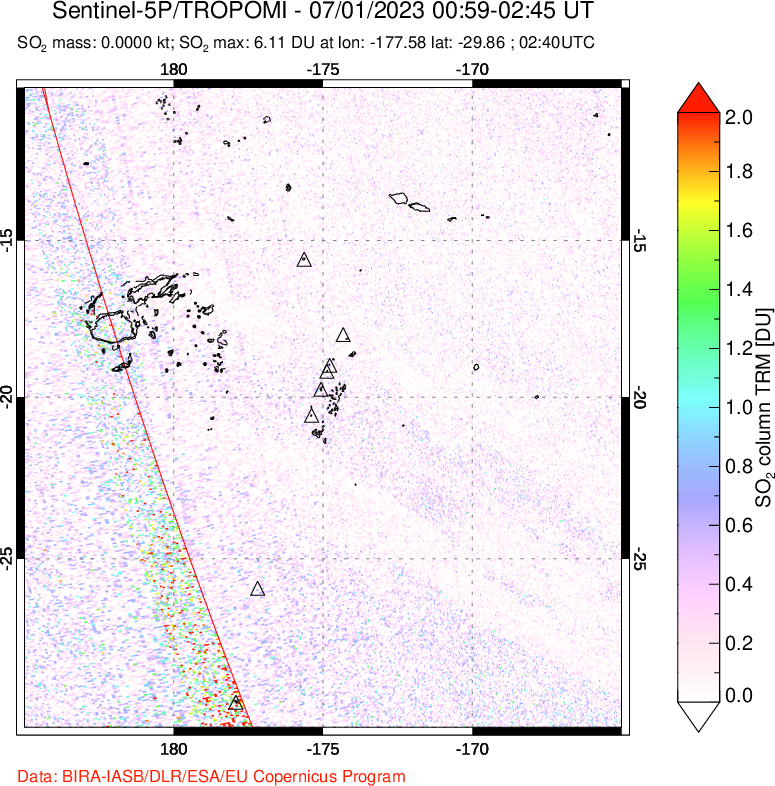 A sulfur dioxide image over Tonga, South Pacific on Jul 01, 2023.