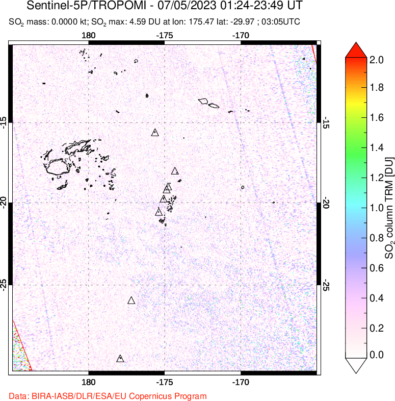 A sulfur dioxide image over Tonga, South Pacific on Jul 05, 2023.