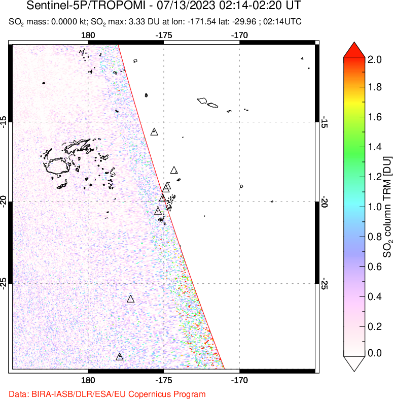 A sulfur dioxide image over Tonga, South Pacific on Jul 13, 2023.