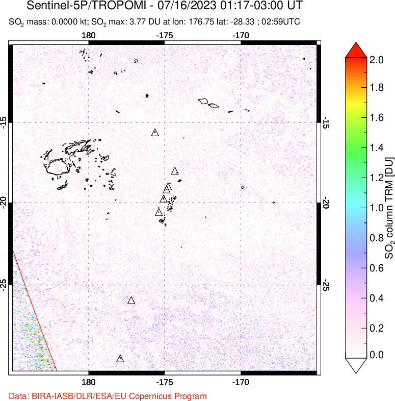 A sulfur dioxide image over Tonga, South Pacific on Jul 16, 2023.