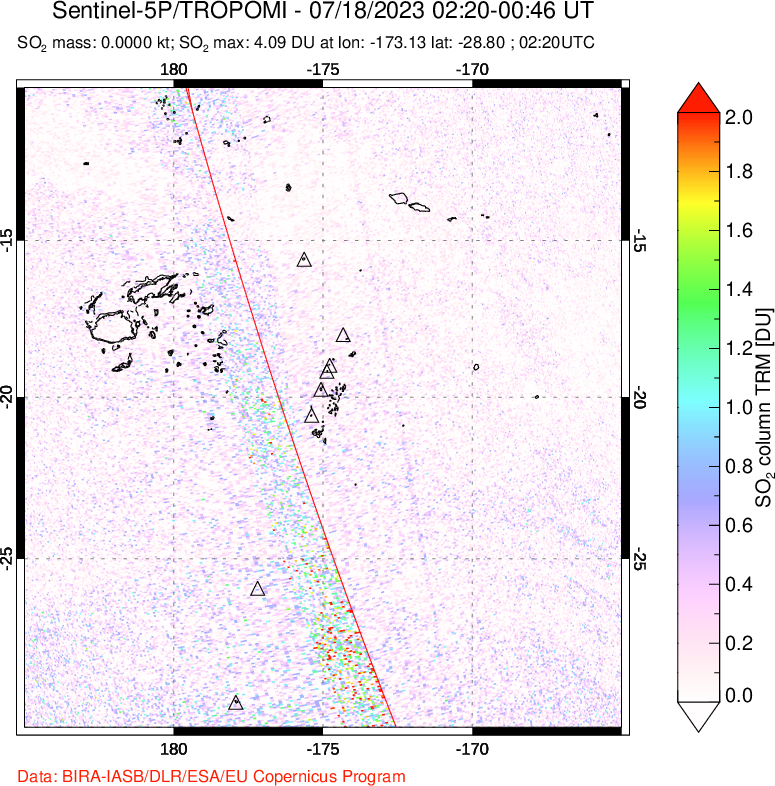 A sulfur dioxide image over Tonga, South Pacific on Jul 18, 2023.